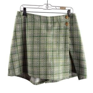 TAYLOR TILLMAN Green Plaid Mini Skort Shorts with Button Detail $156